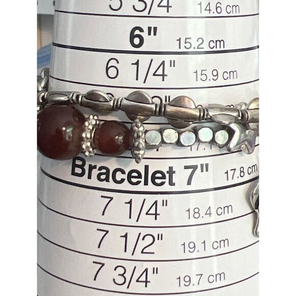 2 Strand Silver Tone Beaded Stretch Bracelet Rose Charm Pearl Dangle Stones Adj - Picture 5 of 5